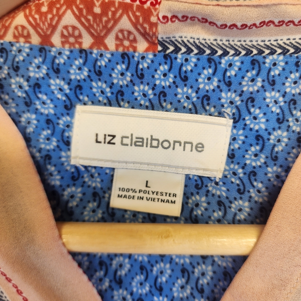 Liz Claiborne Blue Mixed Print Sleeveless Wrap Blouse Boho V-Neck Top Large L - Picture 2 of 14